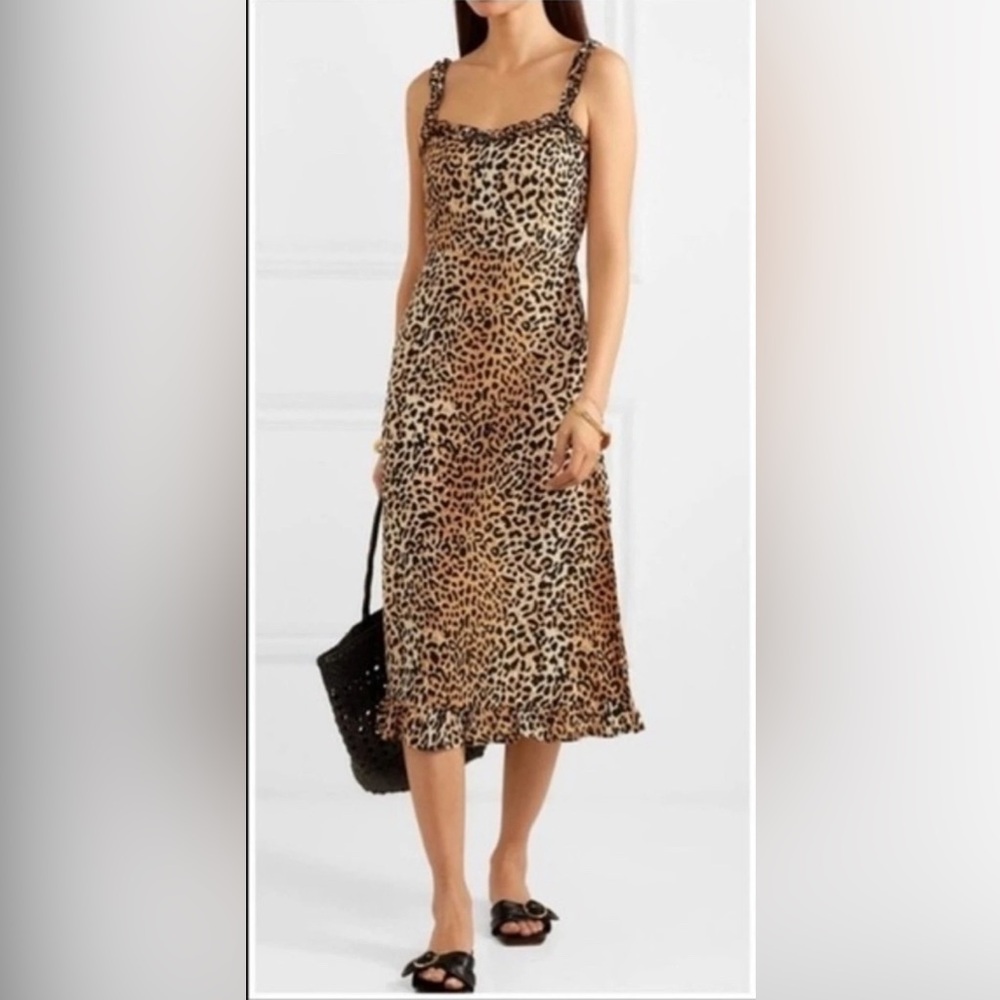 Faithfull the Brand Noemie Ruffled Midi
Dress Le Cinq Animal Print 4/Small
NWOT